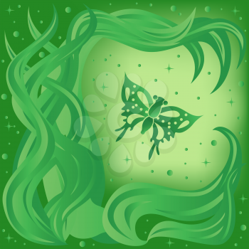 Phantasmagoric composition with butterfly and plants on starry sky background, hand drawing vector illustration in green tints