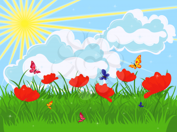 Meadow in early summer. Red flowering poppies and green grass against the sky with sun and clouds. Hand drawing vector illustration