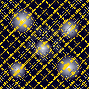 Seamless pattern with yellow grid of double dashed lines on abstract diagonal dark blue convex lighting background, vector illustration