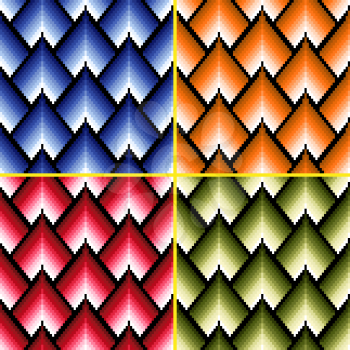 Four seamless vector patterns of repetitive elements with different brightness in red, blue, green and orange colors