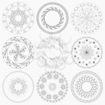 Set of nine different circular floral patterns for the ceramic dishes or other decoration. Editable hand drawing vector illustration