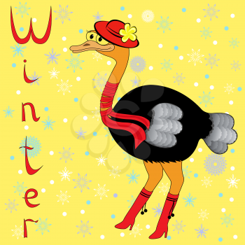 Why Ostrich is so cold in winter? Cheerful Ostrich in a red hat, scarf on neck and boots on the background of a winter motif. Hand drawing cartoon vector illustration
