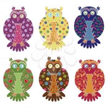 Set of six colourful vector owls with lace ornamental bodies and without contour lines, isolated on white background