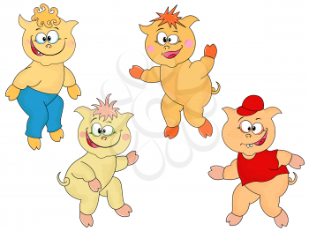 Set of four small funny cheerful cartoon piglets over white, hand drawing vector illustration