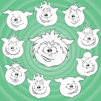 Funny small cartoon piglet faces around big pig face against the background of the turquoise concentric circles, hand drawing vector illustration