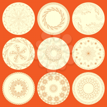 Set of nine plates with different hand drawing floral patterns as ceramic dishes. Editable vector illustration