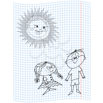 Schoolgirl and Schoolboy on a notebook sheet, vector illustration hand drawing
