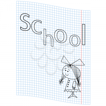 Schoolgirl and the word school on a notebook sheet, vector illustration hand drawing