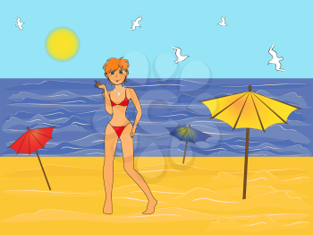 Young girl in a bikini on the sea beach in the hot summer season, hand drawing vector illustration