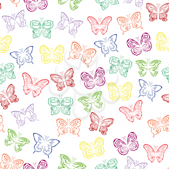Editable vector seamless pattern with colorful butterflies over white background