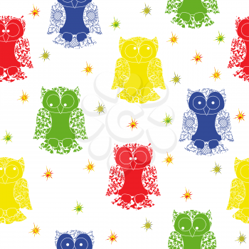 Different colour owl and stars seamless pattern with lace ornamental bodies and without contour lines, hand drawing cartoon vector illustration