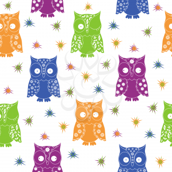 Colourful owl and stars seamless pattern with lace ornamental bodies and without contour lines, hand drawing cartoon vector illustration