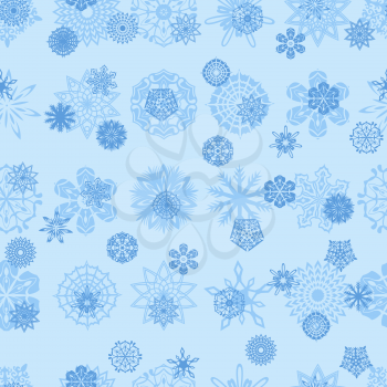 Blue different snowflakes on a blue background, hand drawing seamless vector illustration