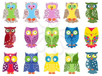 Set of fifteen colourful vector owls with lace ornamental bodies and without contour lines, isolated on white background