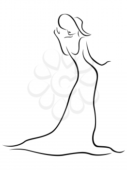 Female black contour with a hat and a long dress, hand drawing vector artwork