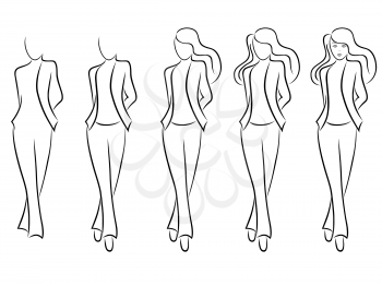 Sequence of hand drawing creation a beautiful female vector contour with five steps. Model of each stage can be used as a self-contained image