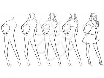 Sequence of hand drawing creation a beautiful female vector contour with five steps. Model of each stage can be used as a self-contained image