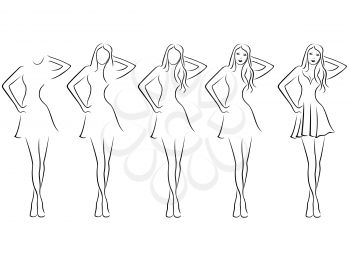 Sequence of hand drawing creation a beautiful young women vector contour with five steps. Model of each stage can be used as a self-contained image