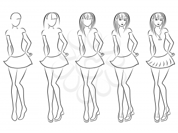 Attractive young women vector contour in hand drawing sequence with five steps. Model of each stage can be used as a self-contained image