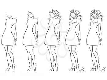 Alluring young women vector contour in hand drawing sequence with five steps. Model of each stage can be used as a self-contained image