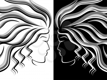 Black, white and grey silhouettes of female heads on white and black background, hand drawing vector illustration