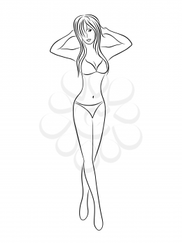 Beautiful young slim woman in bikini, vector hand drawing black contour on a white background