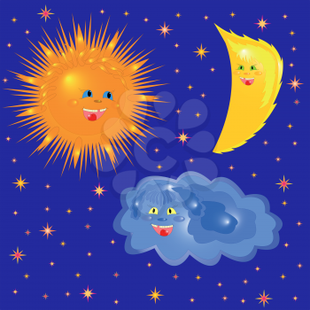 Sun, Moon and Cloud on the background of starry sky. Hand Drawing Cartoon Vector Illustration