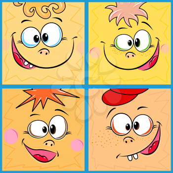 Set of four funny cheerful cartoon piglets faces, hand drawing vector illustration