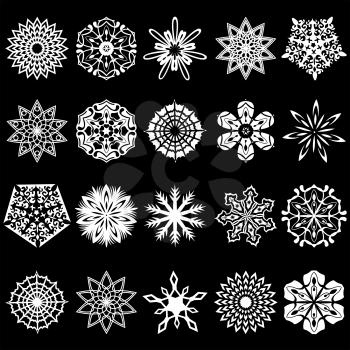 Set of twenty white snowflakes silhouettes on a black background, hand drawing vector illustration, you can easily change the color of snowflakes and background on any other
