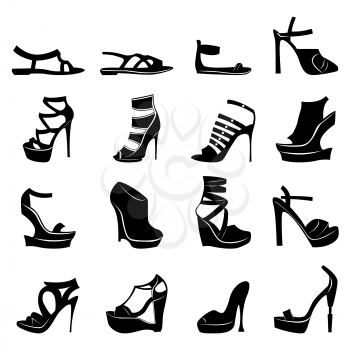 Collection of sixteen silhouettes of different stylish women footwear models, B&W hand drawing vector illustration