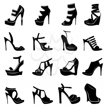 Collection of sixteen different models of stylish women footwear isolated on white background, hand drawing silhouette vector illustration
