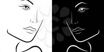 Black and White stylized feminine laconic heads outline, hand drawing vector simple illustration 