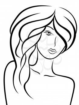 Stylish teenage girl with luxurious hair, outline vector illustration