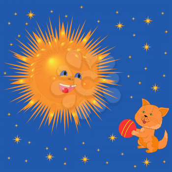 Smiling Sun and Kitten with a ball against the sky. Hand Drawing Cartoon Vector Illustration