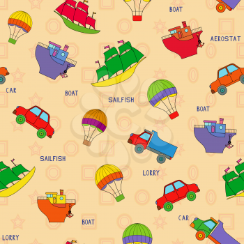 Seamless various transport technique pattern with car, lorry, boat, sailfish, aerostat and their titles. Background can be used as a separate seamless pattern