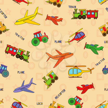 Seamless transport technique pattern with locomotive, airliner, airplane, helicopter, train, tractor and their titles. Background can be used as a separate seamless pattern
