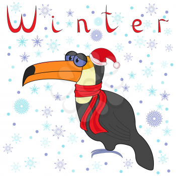 Why Toucan is so cold in winter? Cheerful Toucan in a cap of Santa and in a scarf on neck on the background of a winter motif. Hand drawing cartoon vector illustration