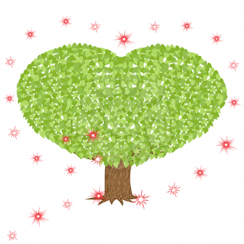 Green tree with heart shaped crown with a range of stars around it, hand drawing vector illustration