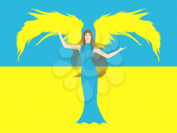 Female angel in yellow and blue against the background of blue and yellow flag of Ukraine. Hand drawing vector illustration