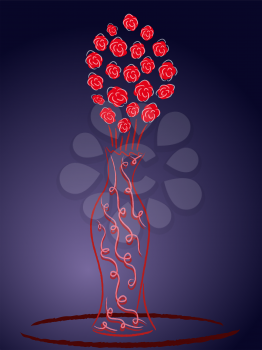 Still life with red roses on the dark blue background, hand drawing sketching vector artwork