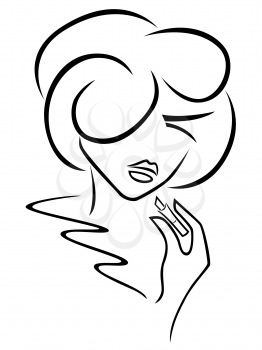 Young romantic woman uses lipstick, outline black over white hand drawing sketching vector artwork