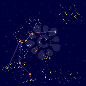 Zodiac sign Aquarius on a background of the starry sky with the scheme of stars in the constellation, vector illustration