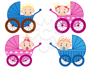 Four strollers with baby-boys and baby-girls, hand drawing vector illustration