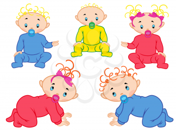 Five cartoon vector babies isolated on white background