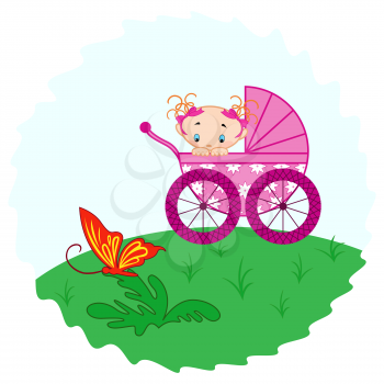 Baby girl from pram watching a butterfly, hand drawing vector illustration
