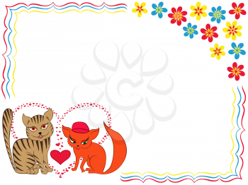 Enamoured cat and kitty on Valentine greeting card with flowers, hand drawing vector illustration