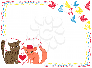 Enamoured cat and kitty on Valentine greeting card with butterflies, hand drawing vector illustration