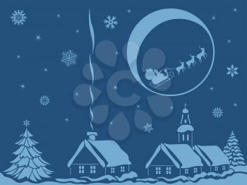 Village in calm Christmas night with Santa Claus and reindeer on Moon background, hand drawing vector bicolour illustration