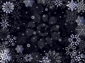 Christmas greeting card with snowflakes in dark blue hues, hand drawing vector illustration