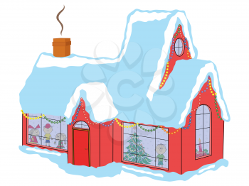 Happy children in snow-covered house awaiting Santa Claus before Christmas, hand drawing vector illustration